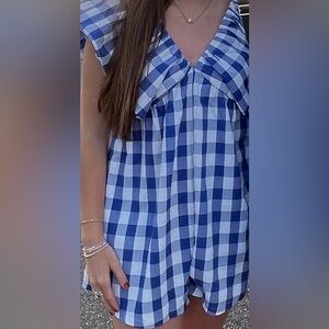 Blue and off white checkered romper